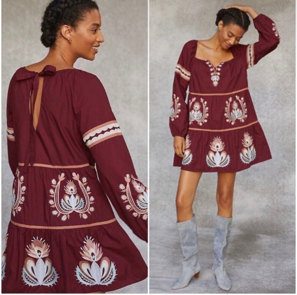 Anthropologie Let Me Be Sz M Embroidered Tiered Babydoll Dress Romantic Peasant